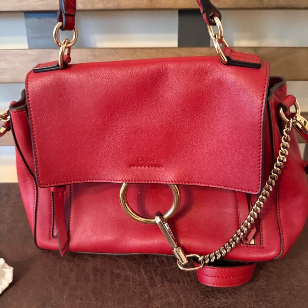 Chloe Red Leather Shoulder Bag with Gold Accents